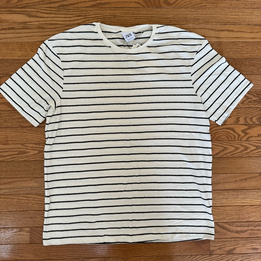 Zara White and Black Striped Short Sleeve Tee